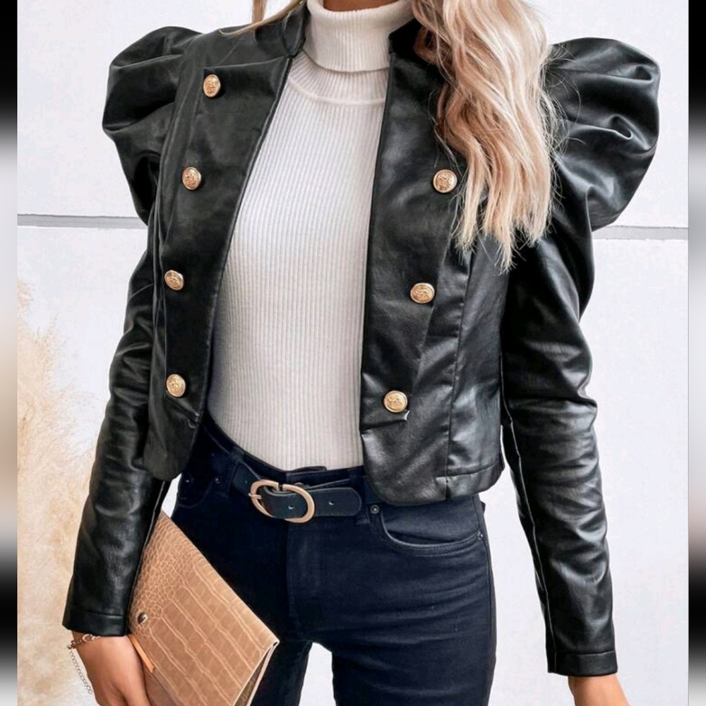 Gigot Sleeve Double Breasted PU Leather Jacket - Picture 5 of 6